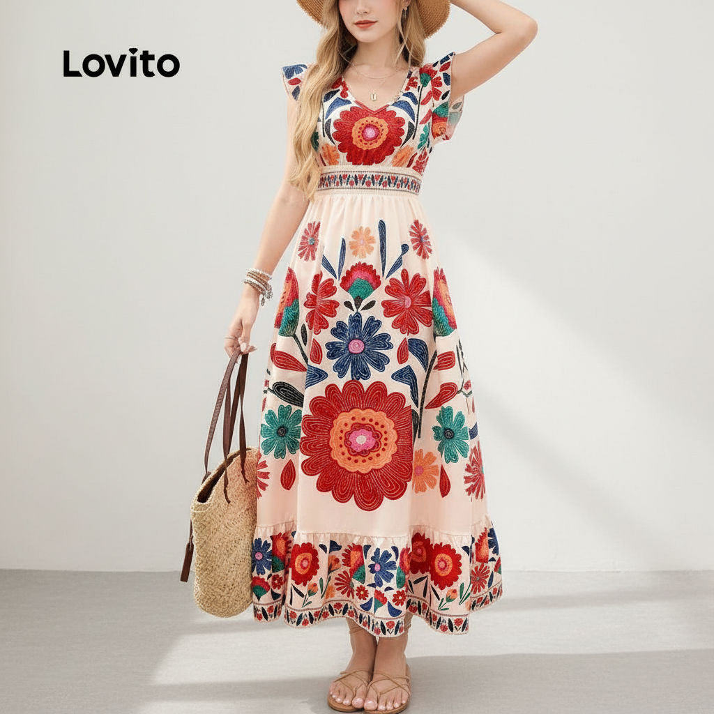 Lovito Refine Vestido Boho com Zíper para Primavera Verão Feminino L167LD050 em Oferta na Shopee