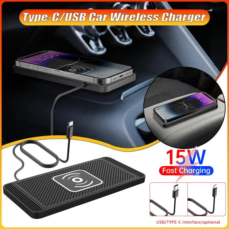 Carregador Sem Fio Para Carro USB Tipo C De 15 W Com Detecção Automática E Antiderrapante Almofada De Carregamento Rápid