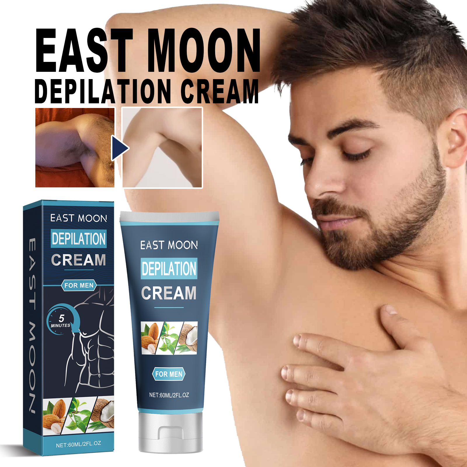Creme Depilatório Sem Dor para Homens 60ml – Hidratante, Seguro para Pernas, Peito, Axilas, Bigode e Região Íntima |