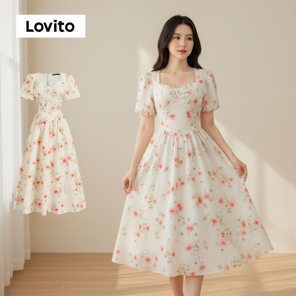 Lovito Vestido Boho Plissado Modelagem Estruturada Feminino Primavera Verão L154ED1084 em Oferta na Shopee