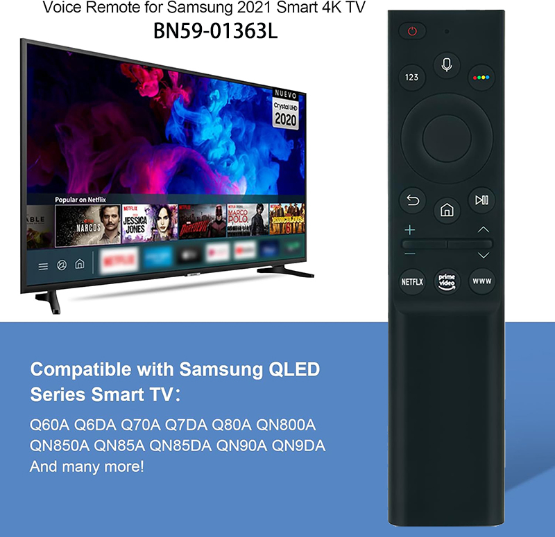 Controle Remoto de Voz Compatível para Smart TVs Samsung, AU7700 AU8000 AU8800 Neo 4K QLED
