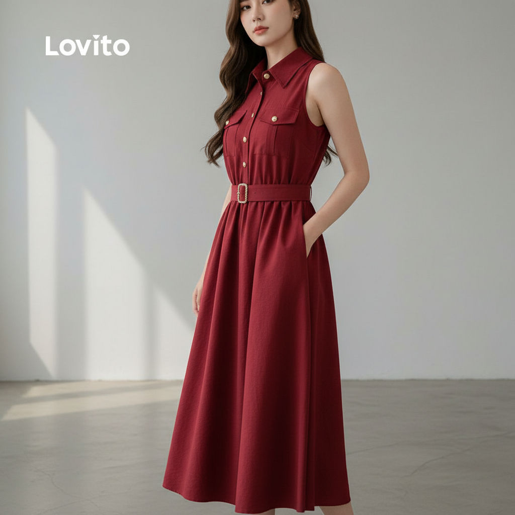Lovito Refine Vestido Botão Bolso Primavera Verão Natal Claret Feminino LK2ED823 em Oferta na Shopee