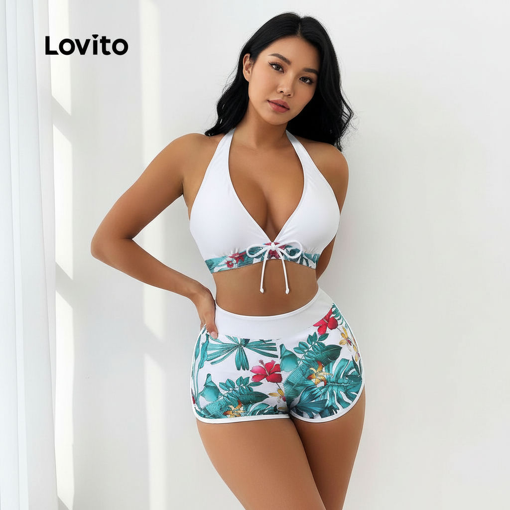 Lovito Conjunto de Biquíni Boho com Laço para Primavera Verão Feminino LNL126266 em Oferta na Shopee