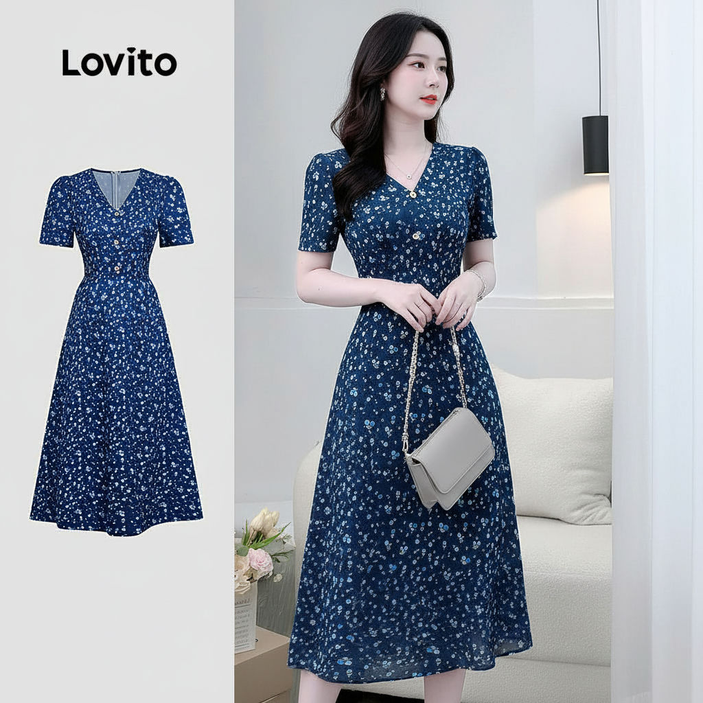 Lovito Elegante Vestido Feminino Azul Escuro com Botões Na Frente para Primavera/Verão L164LD287