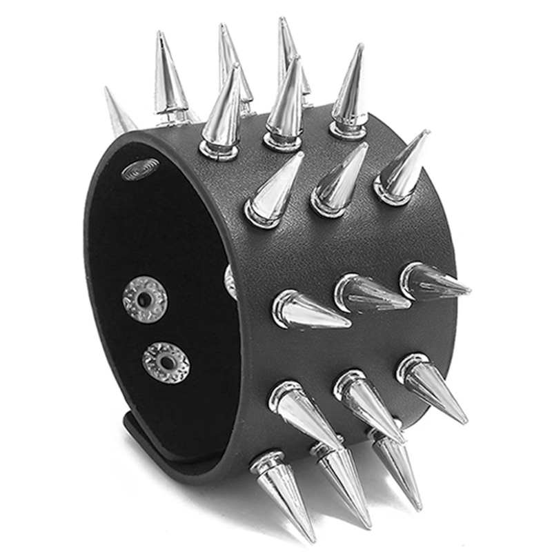 Punk Três Fileiras Picos Rebite Parafuso Prisioneiro Punho Largo Couro Gótico Rock Unissex Pulseira Preta