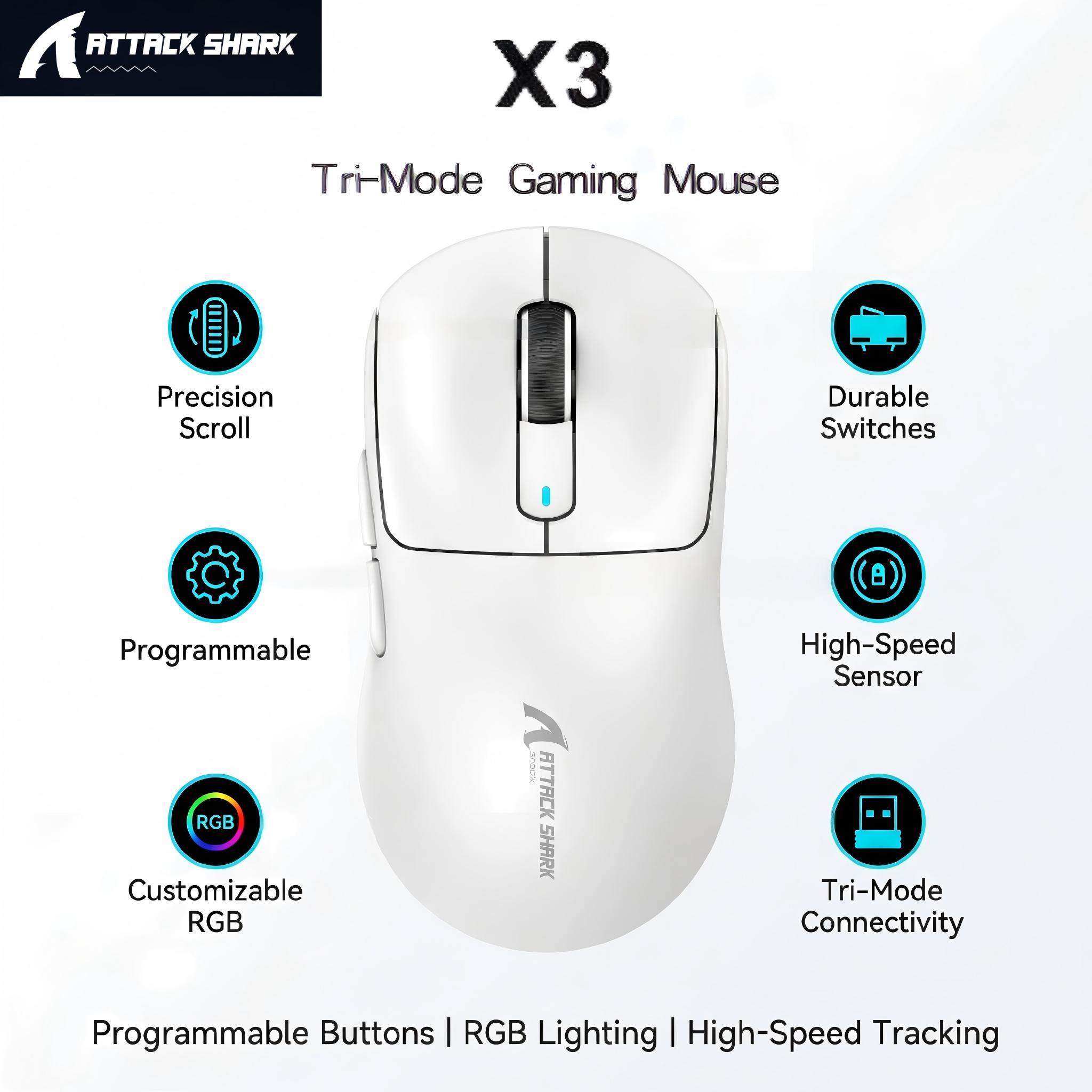 Mouse Gamer Attack Shark X3, leve 49g, 26000 DPI, sem fio, com switch Kailh Black Mamba, bateria de 65 horas