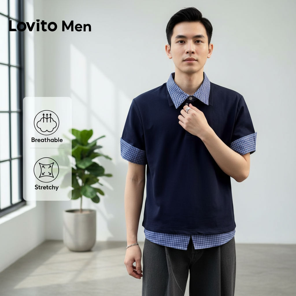 Lovito Camisa Polo Masculina Casual Dupla Face Azul Marinho Primavera Verão LNE127145 em Oferta na Shopee