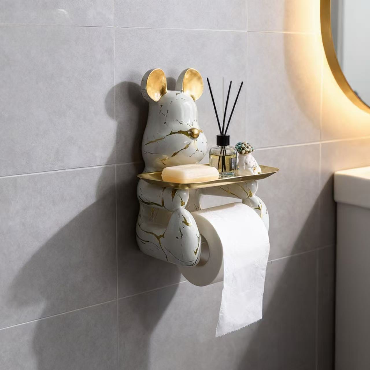 Suporte de Papel Higiênico de Urso Violento Branco Dourado de Luxo com Bandeja, Porta-Papel Higiênico de Resina em Forma