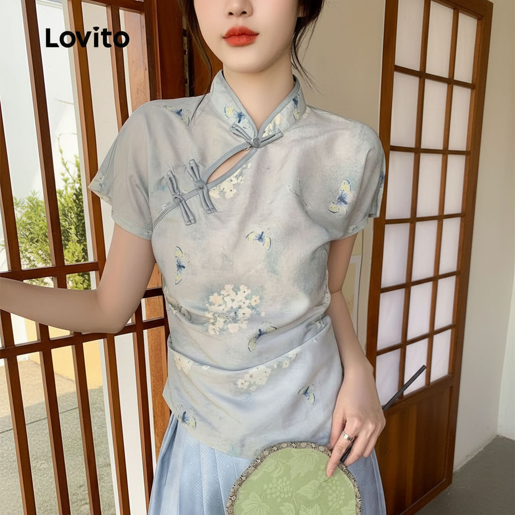 Lovito Blusa Feminina Azul Estilo Chinês Cheongsam Qipao Primavera Verão L166AD1075 em Oferta na Shopee