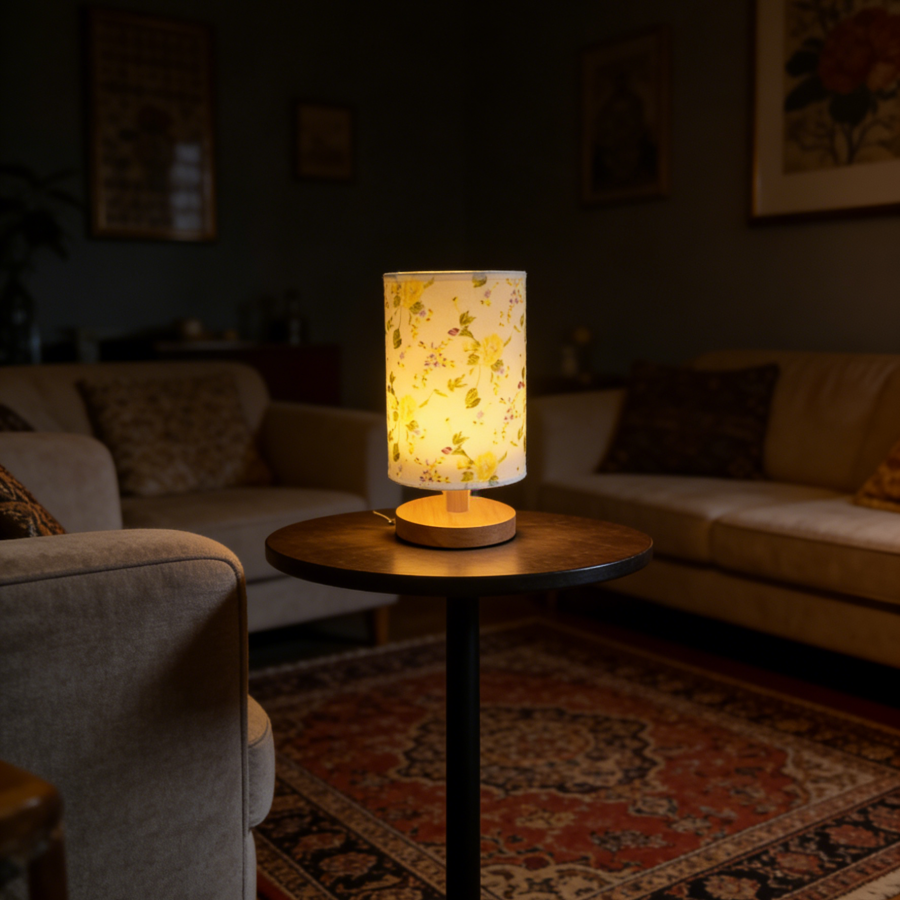 Lâmpada de Mesa de Madeira com Estampa Floral Rústica, Luz Noturna Plug-in, Luminária Decorativa para Casa, Iluminação