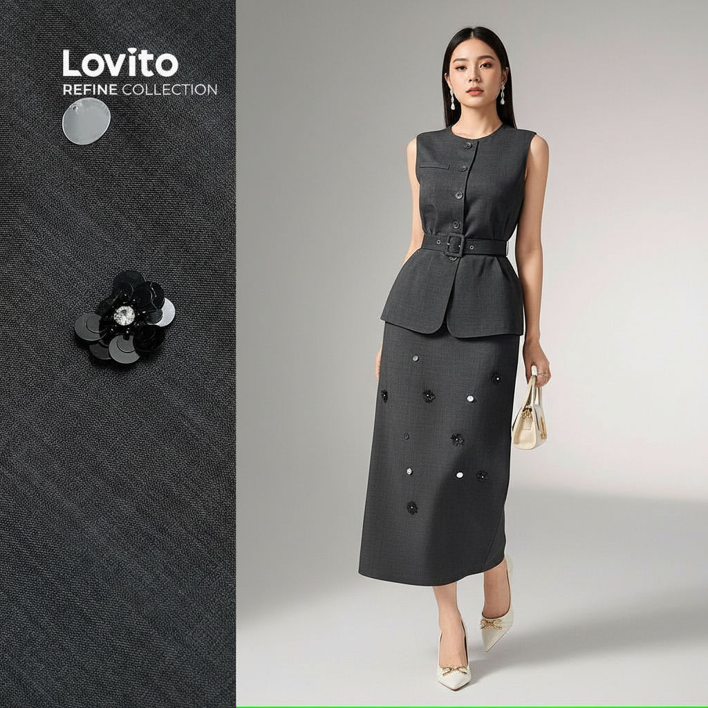 Lovito Refine Conjunto Feminino Blusa Calça Luxo Eventos Cinto Cinza Escuro Primavera/verão LR23L243 em Oferta na Shopee