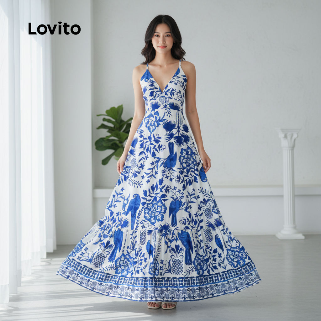 Lovito Refine Vestido Festa Boho Resort Azul Branco LK2LD367 em Oferta na Shopee