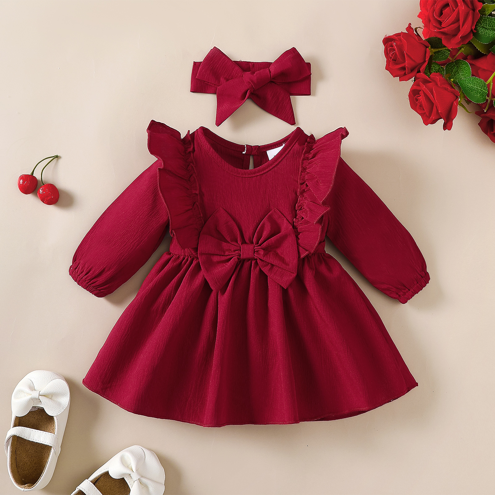 Vestido De Princesa Para Bebês Meninas , Mangas Compridas Com Laço , Faixa De Cabeça , Feriado De Ano Novo , 1 A 18 Mese