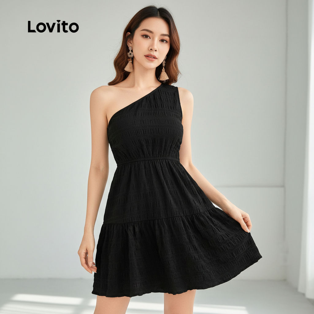 Lovito Vestido Preto para Mulheres com Babados na Barra Casual Primavera/Verão LK2ED831