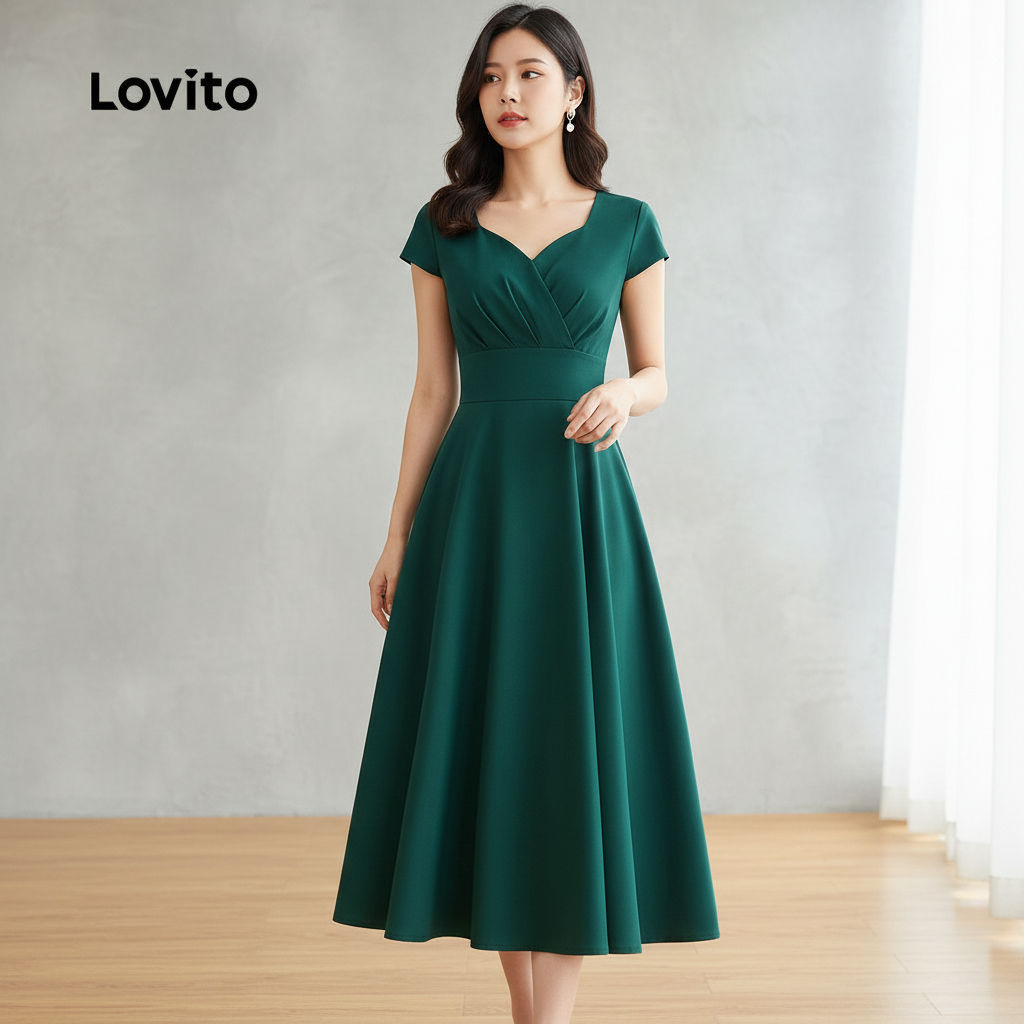 Lovito Vestido Elegante Plissado Primavera/Verão Verde Escuro Feminino L165AD851 em Oferta na Shopee