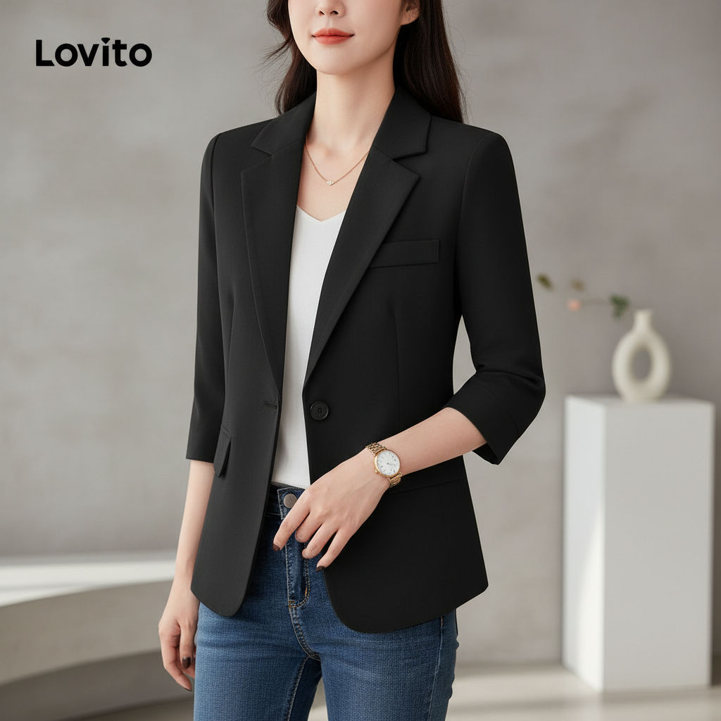 Lovito Blazer Feminino Casual com Botões Primavera Verão Preto L157ED1076 em Oferta na Shopee