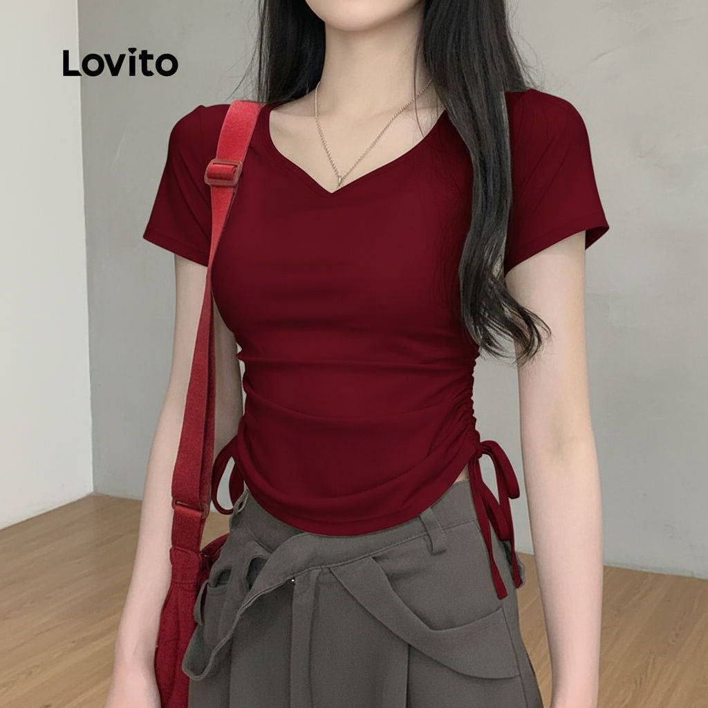 Lovito Casual Camiseta Feminina de Primavera Verão com Renda Bege LK2EDD057