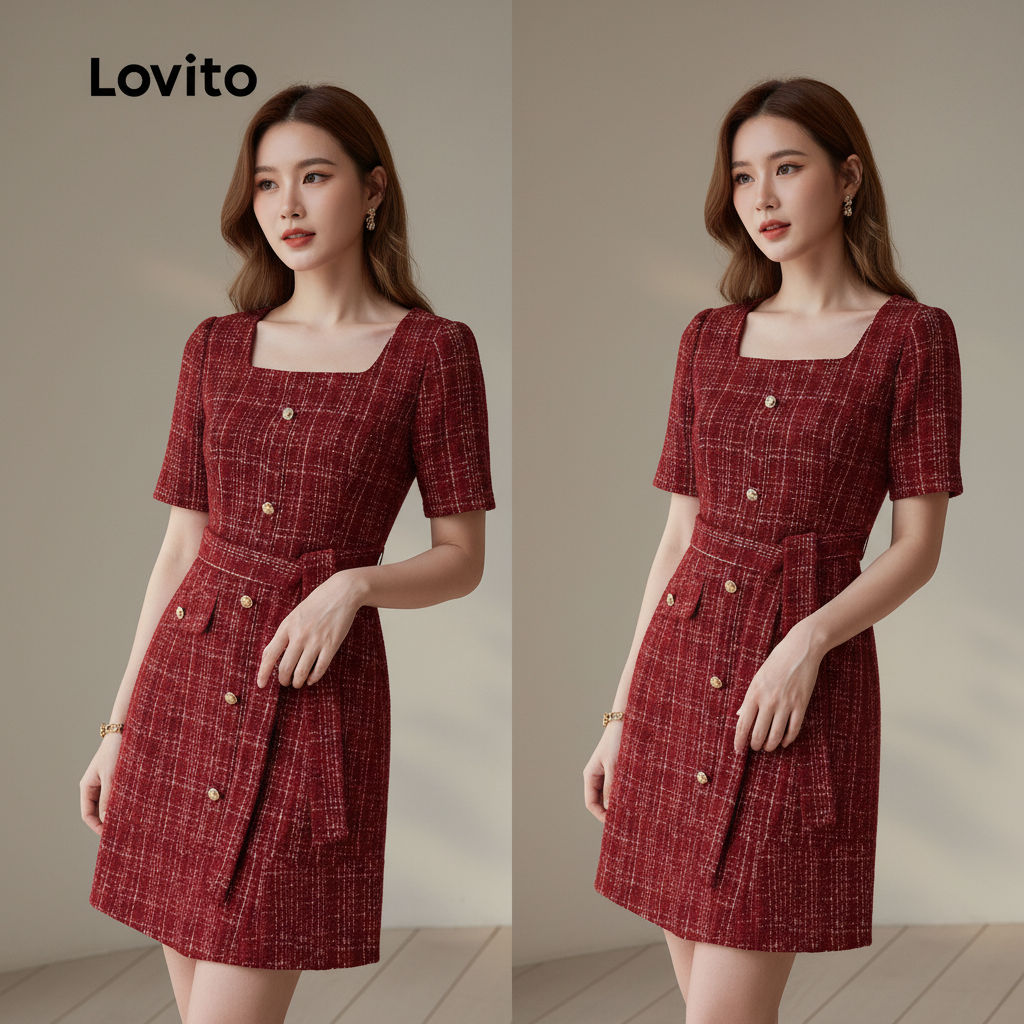 Lovito Elegante Vestido de Renda Feminino Vermelho para Primavera Verão Bordado