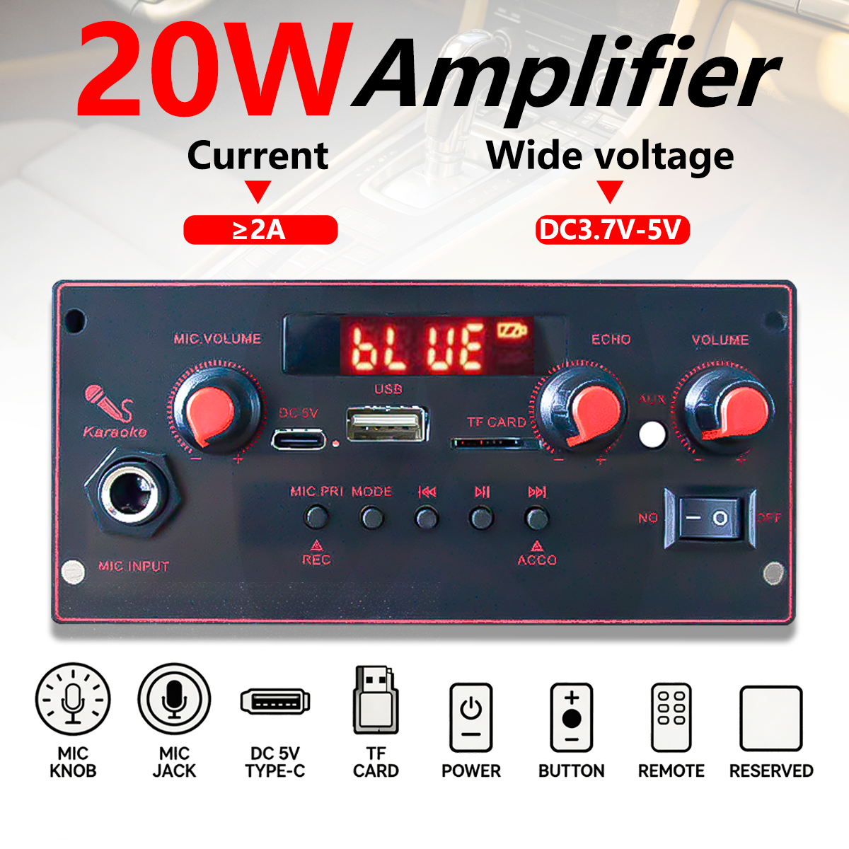 Placa Amplificadora Bluetooth 3.7V-5V Mini Módulo de Áudio com Decodificador MP3, USB/TF/FM/AUX, Gravação, Chamada em