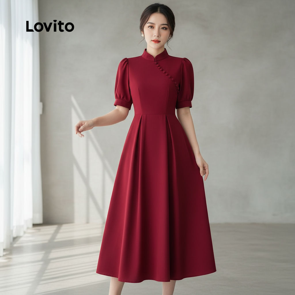 Lovito Vestido Feminino Claret para Primavera Verão com Babado na Barra e Botões L165ED684 em Oferta na Shopee