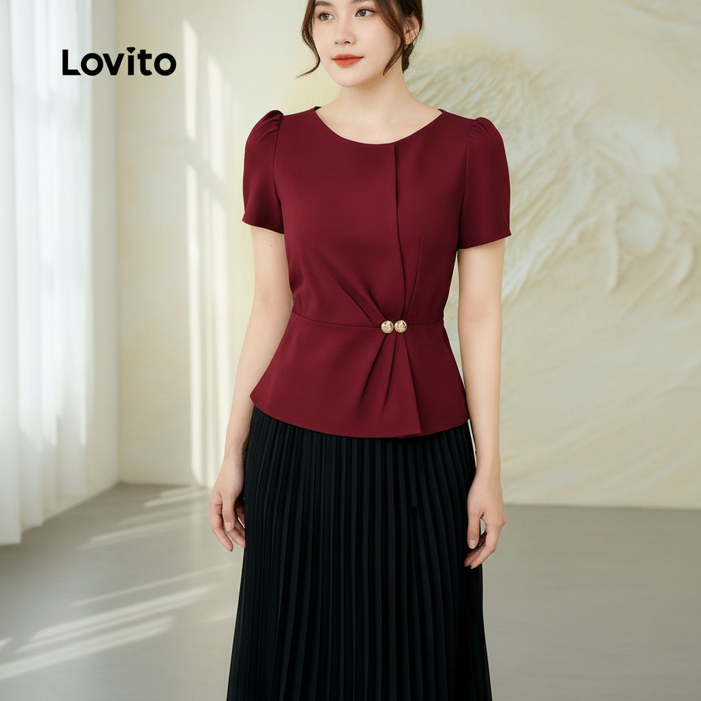 Lovito Refine Blusa Feminina Cáqui com Pregas e Corte Reto para Primavera/Verão L165ED017 em Oferta na Shopee