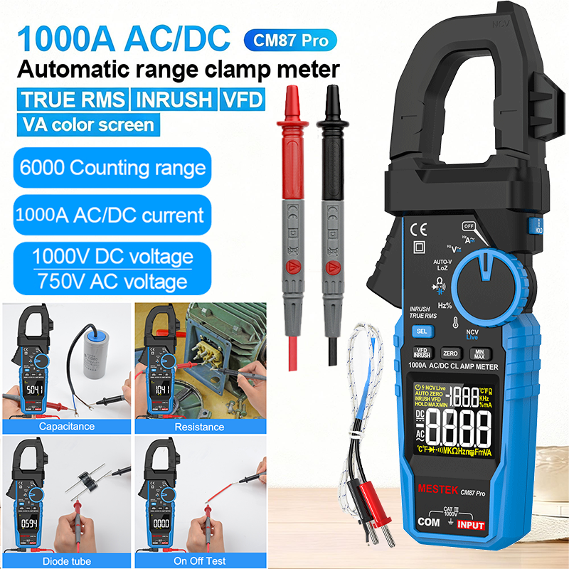 Um Conjunto De Medidor De Braçadeira Digital TRMS 6000 Contagens 1000V 1000A AC DC Multímetro Amperímetro Capacitância O