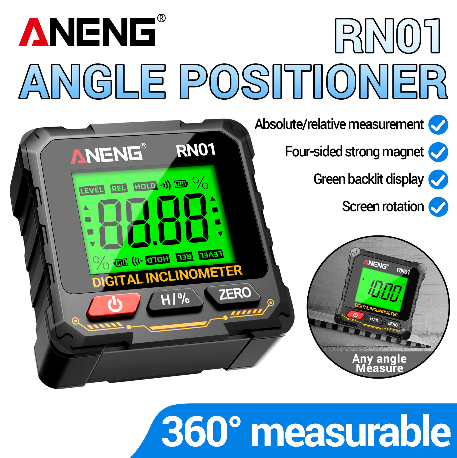ANENG RN01 Transferidor Digital Inteligente Mini Medidor De Ângulo Inclinômetro De 360 Graus Testador Magnético Forte De