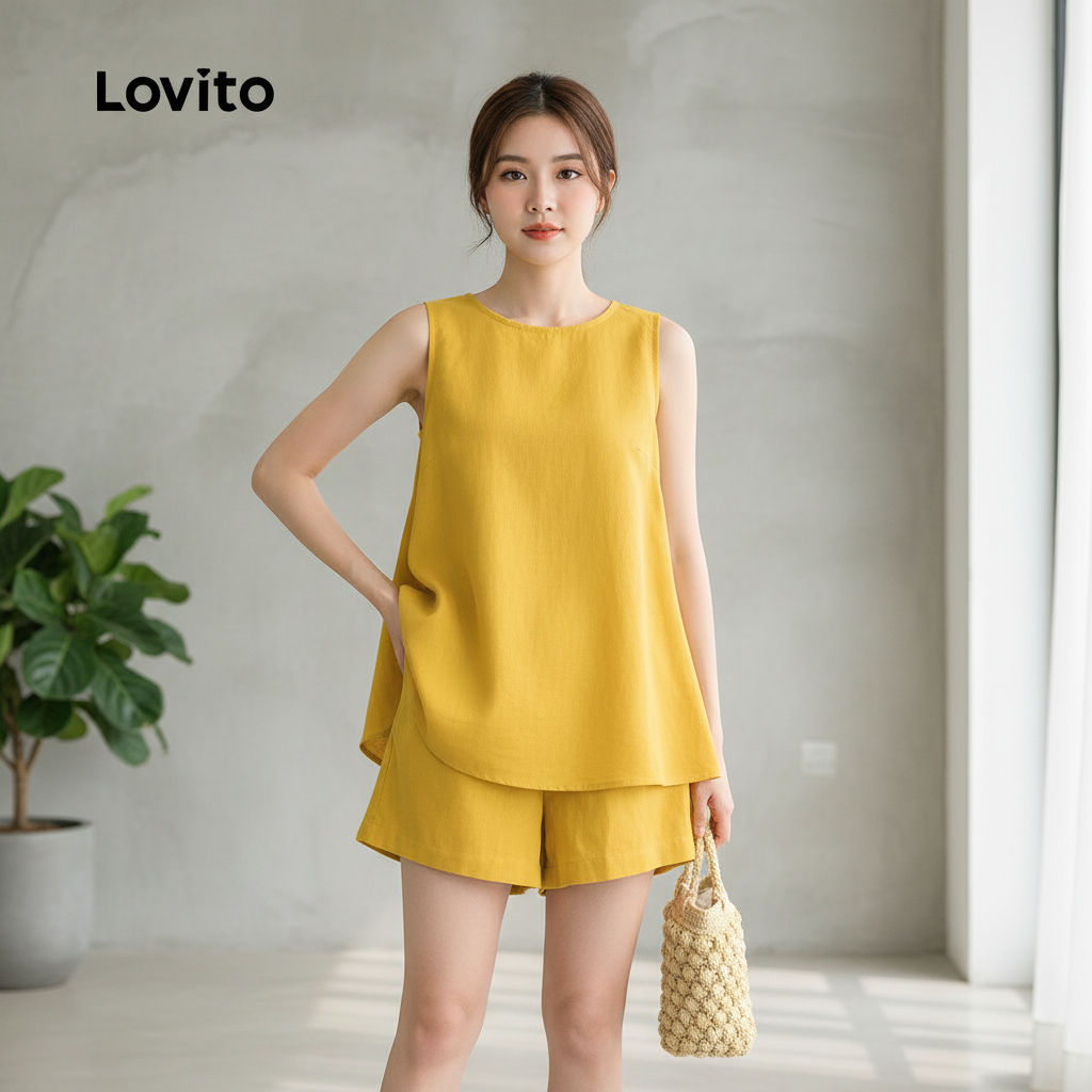 Lovito Conjunto de Shorts Leves com Elástico para Verão Amarelo Feminino L164LD128 em Oferta na Shopee