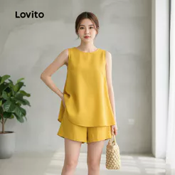Lovito Casual Conjunto de Shorts Leves com Elástico para Verão Amarelo Feminino L164LD128