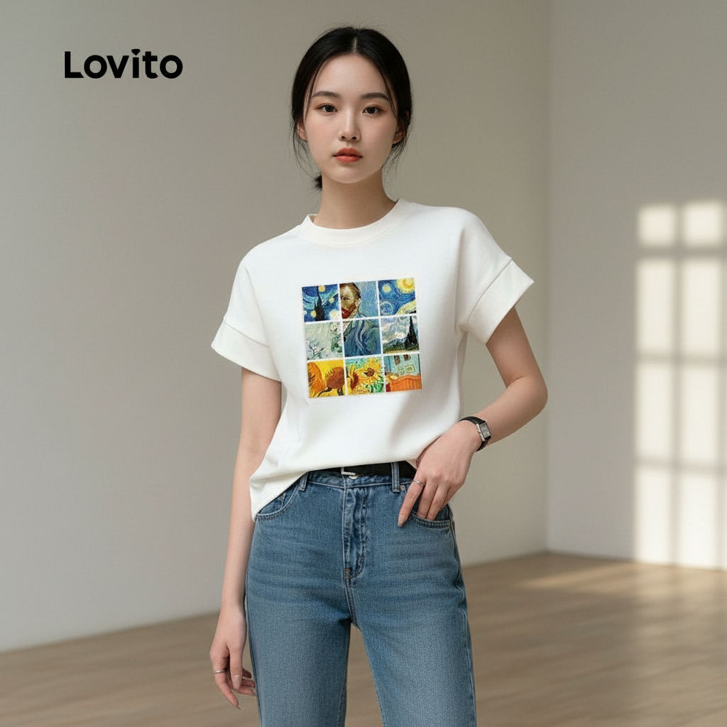 Lovito Blusa Feminina Casual Girassóis & Noite Estrelada Vincent Van Gogh Primavera Verão Branco LFI1ED021 em Oferta na Shopee