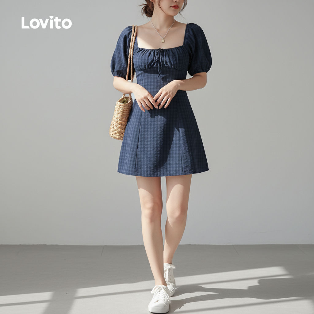 Lovito Casual Vestido Feminino Azul Jacquard Primavera/Verão L164ED070