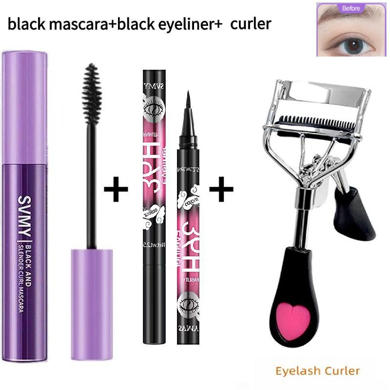 Conjunto de Maquiagem para os Olhos 3/2 peças: Rímel à Prova d'Água de Longa Duração + Delineador + Curvador de Cílios