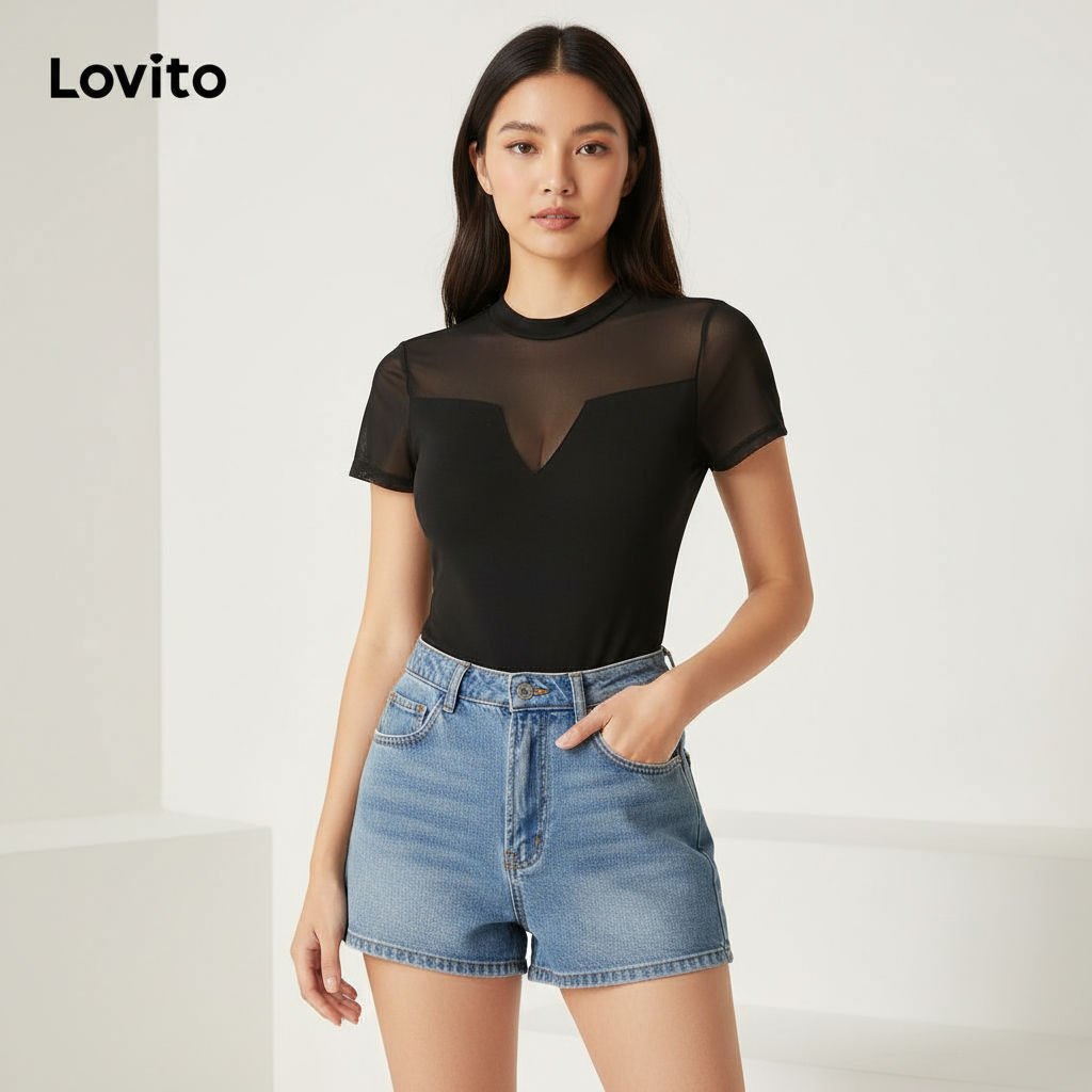 Lovito Refine Body Básico Feminino Liso Com Costura L71ED288 (Preto) em Oferta na Shopee