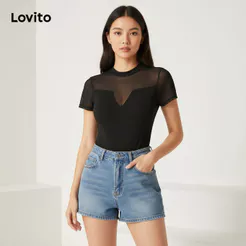 Lovito Casual Body Básico Feminino Liso Com Costura L71ED288 (Preto)
