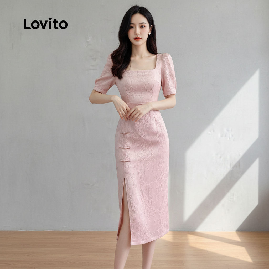 Lovito Vestido Feminino Elegante com Botão e Fenda para Primavera Verão Rosa L158AD1683 em Oferta na Shopee