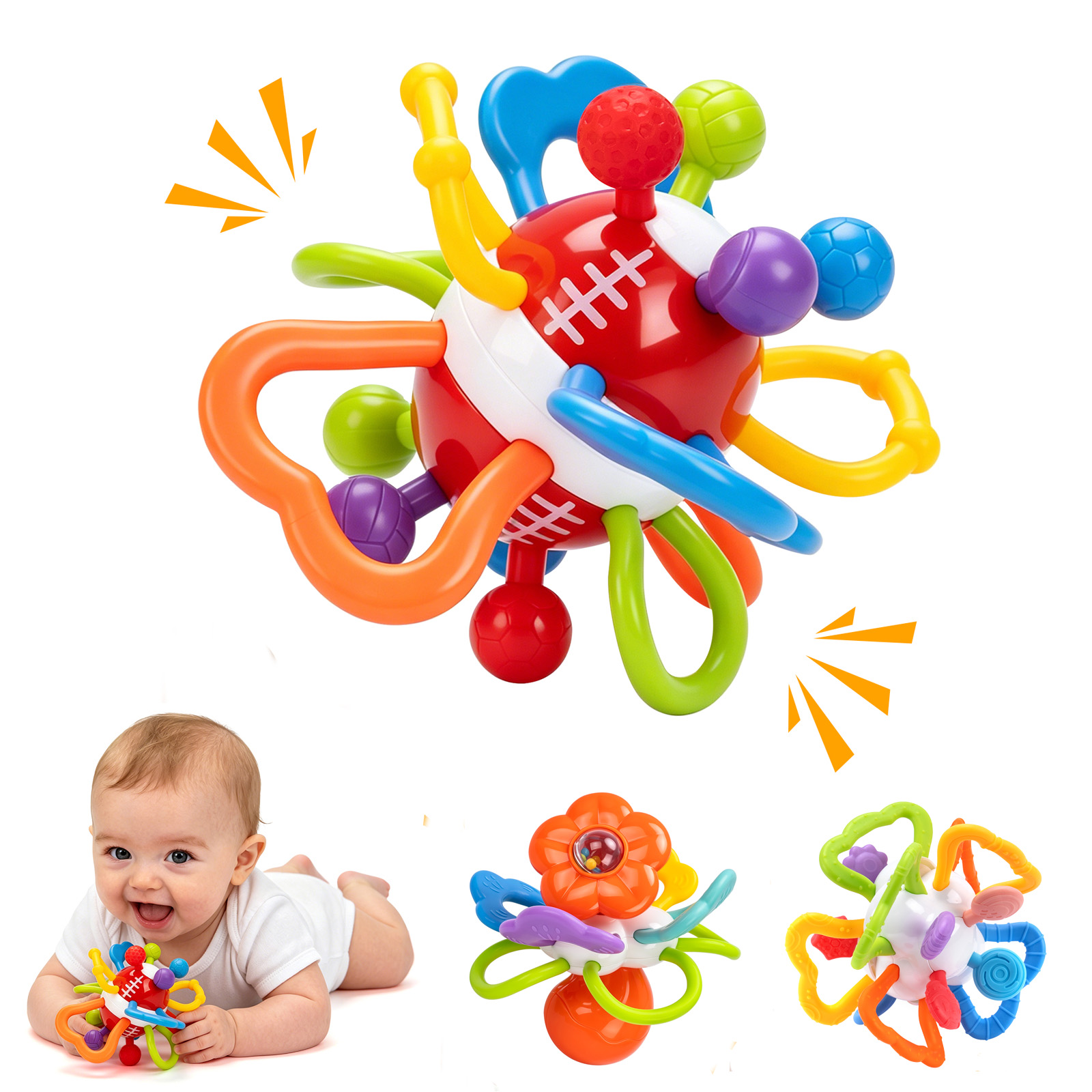  Brinquedo Sensorial para Bebê Bola de Manhattan Macia de Silicone para Agarrar Mãos Chocalho Mordedor Infantil para