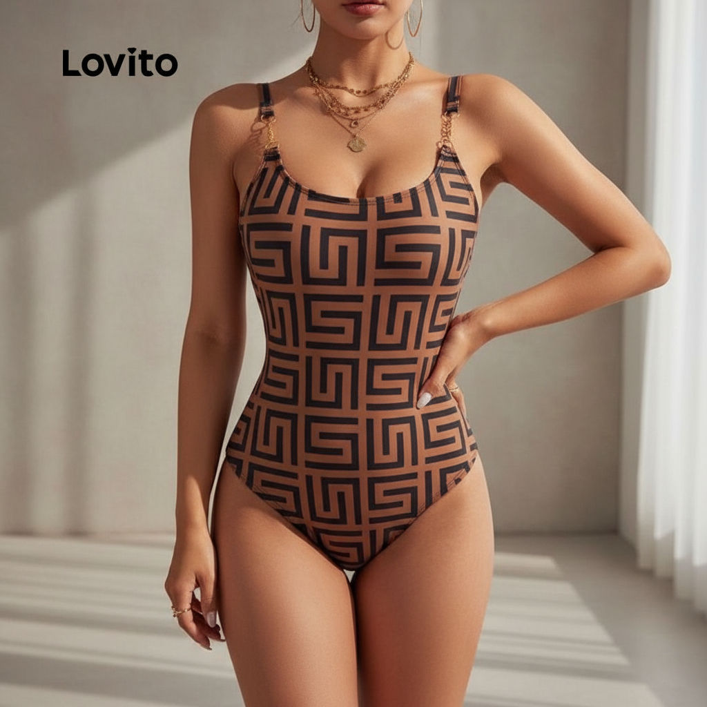 Lovito Maiô One Piece Casual com Fivela Dourada para Primavera Verão Marrom LNL126241