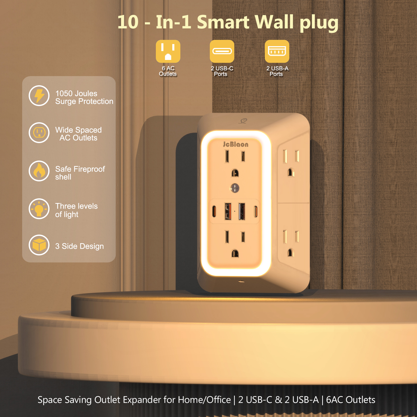 Extensor de Tomada com Protetor de Surto e Luz Noturna, 6 Tomadas AC e 4 Portas USB, Filtro de Linha com Luz Noturna