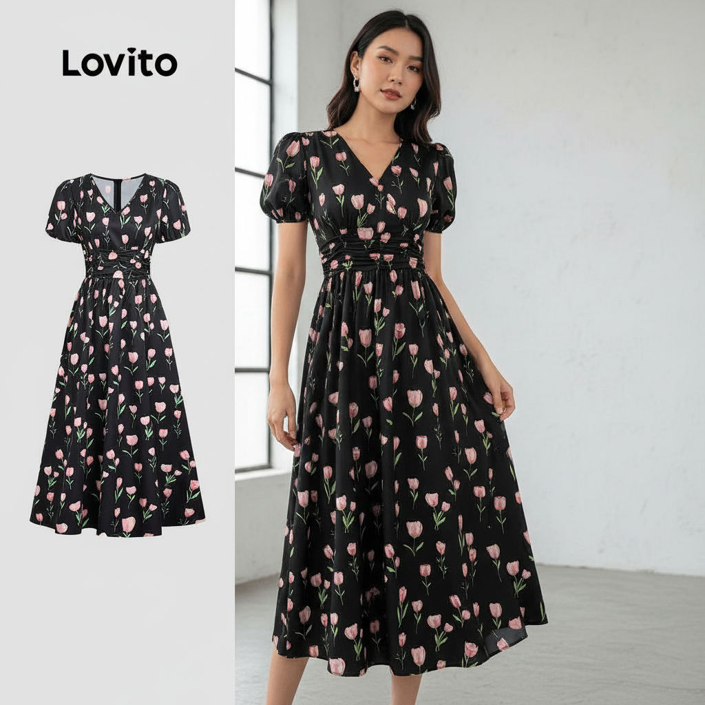 Lovito Vestido com Zíper Casual Feminino para Primavera Verão LBL31250