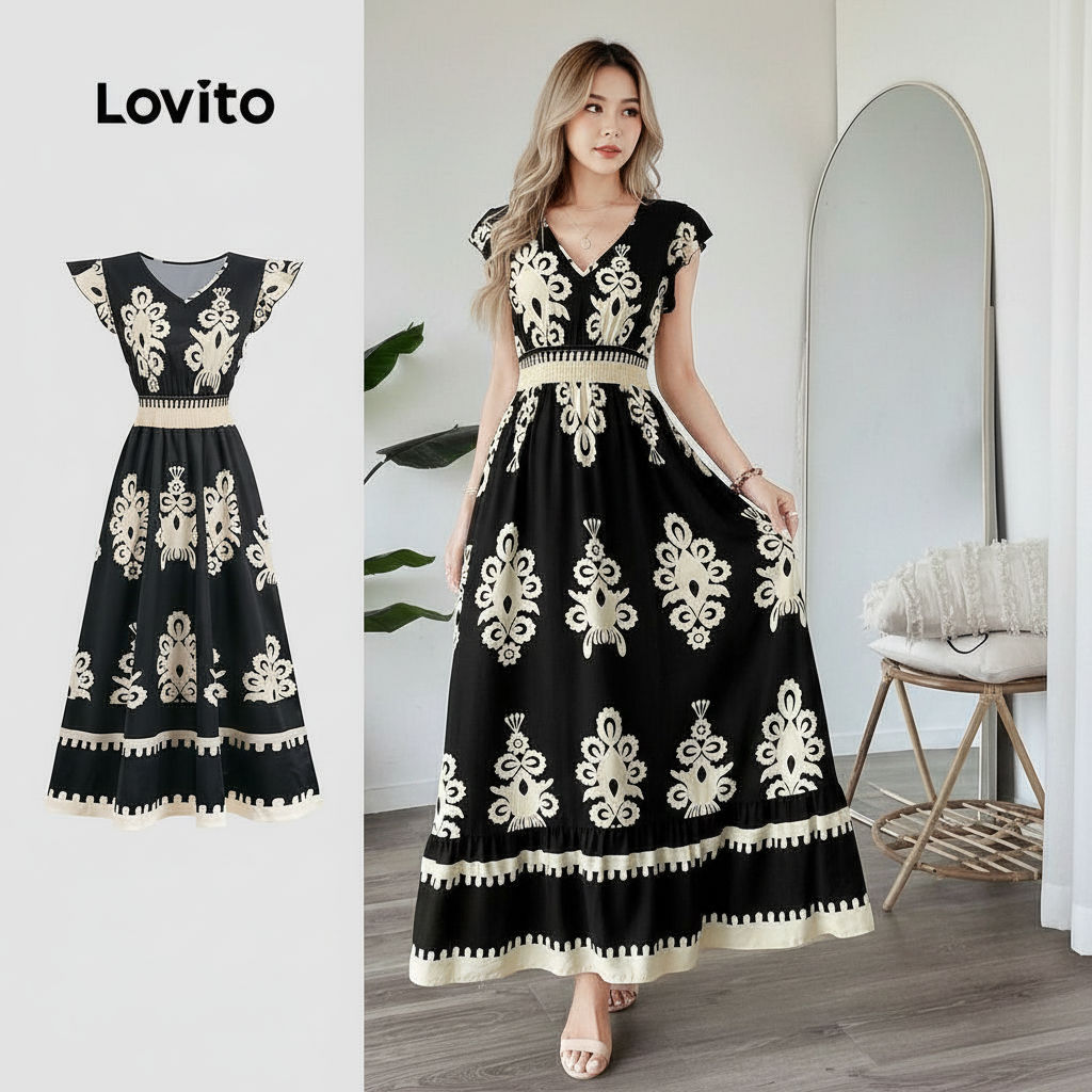 Lovito Vestido Feminino Boho Fluido Primavera Verão Preto e Branco L155AD374 em Oferta na Shopee