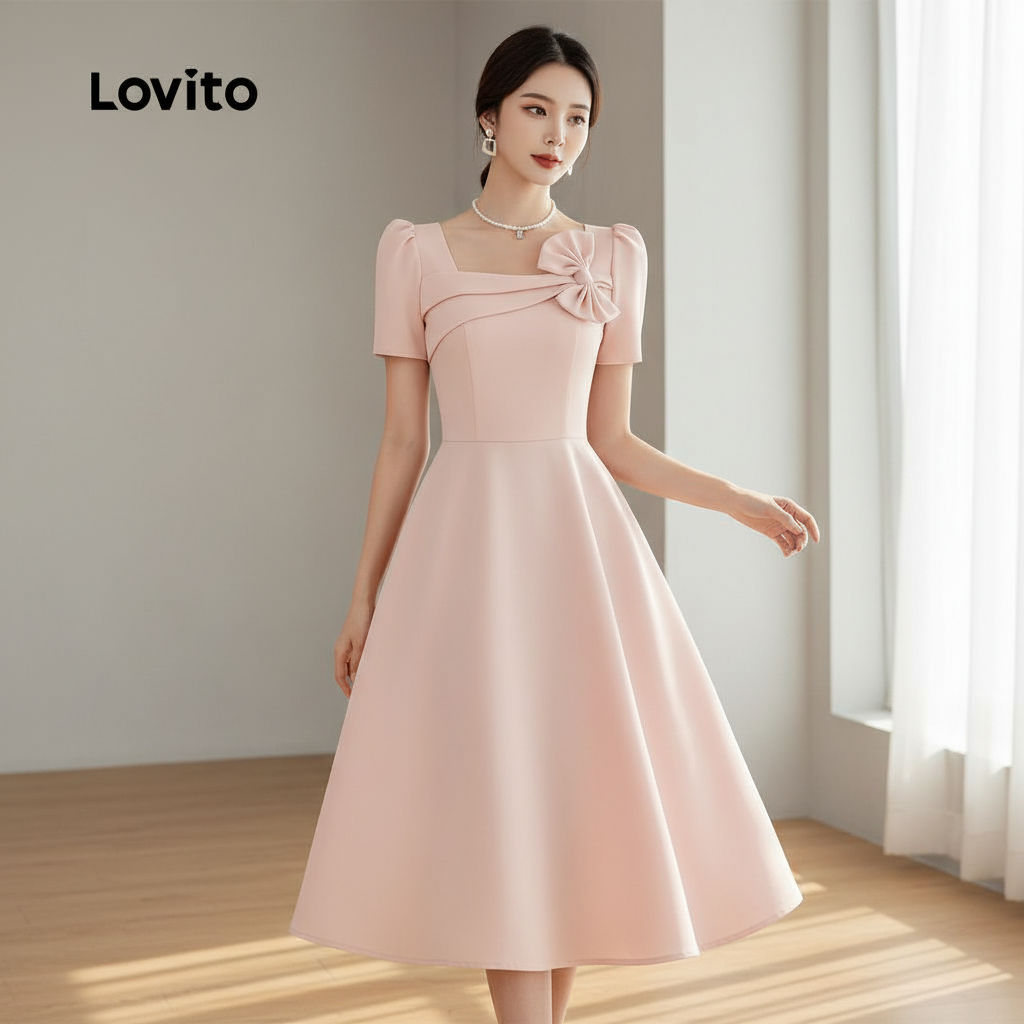 Lovito Elegante Vestido Sofisticado Assimétrico com Laço Primavera/Verão Rosa Feminino L171ED104