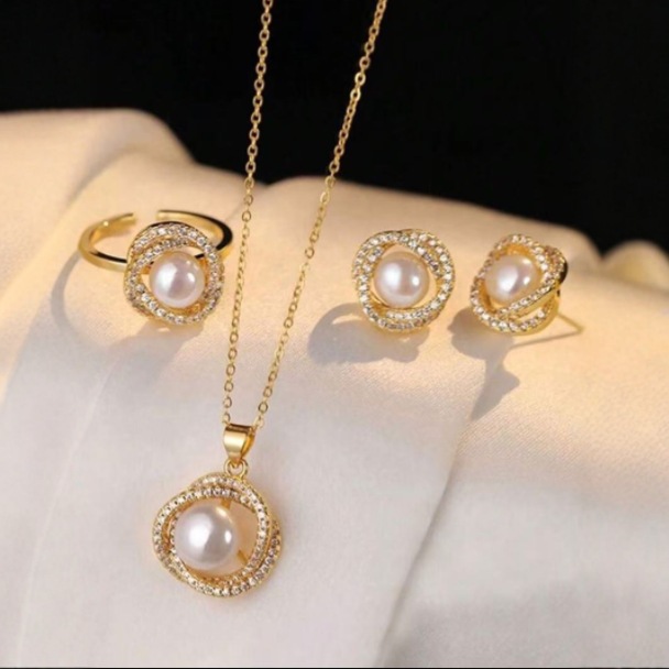 Conjunto De Joias De Aço Inoxidável Inclui Colar , Brincos , Anel , Decoração De Pérolas Falsas Elegantes Vintage Com Pé em Oferta na Shopee