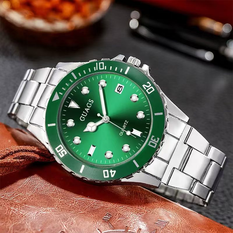 Relógio De Quartzo Elegante Original Masculino Com Pulseira De Metal Prateado Sunburst Mostrador Verde Analógico