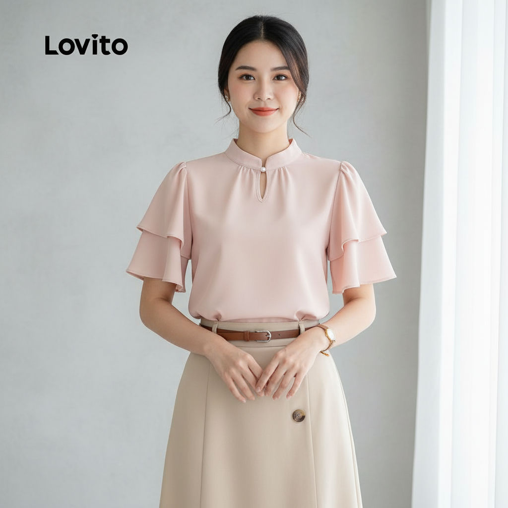 Lovito Blusa Feminina Casual Estilo Chinês Primavera/Verão com Babados Rosa LK2ED207