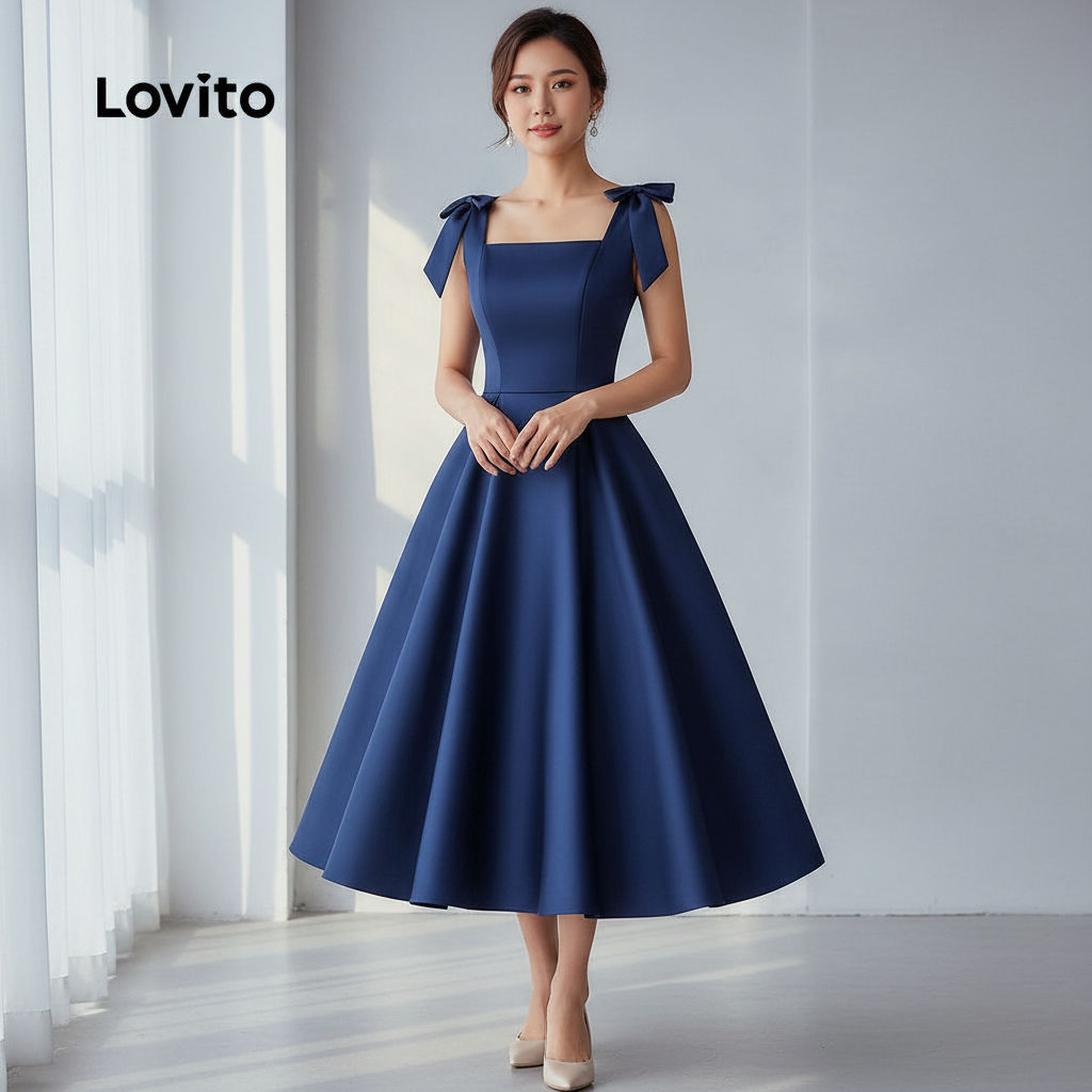 Lovito Refine Vestido Feminino Azul Marinho com Laço para Primavera Verão LBL31026