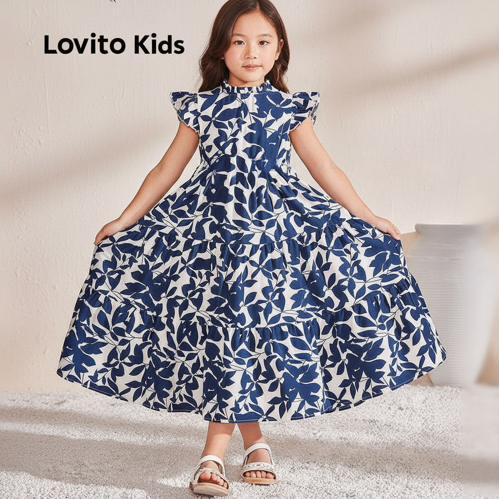 Lovito Férias Vestido Infantil com Babado Azul Escuro para Meninas L160LD201