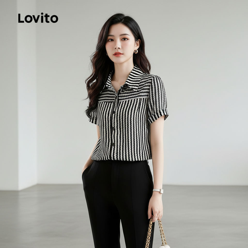 Lovito Blusa Feminina Casual com Botões Frontais Elegante para Primavera/Verão L