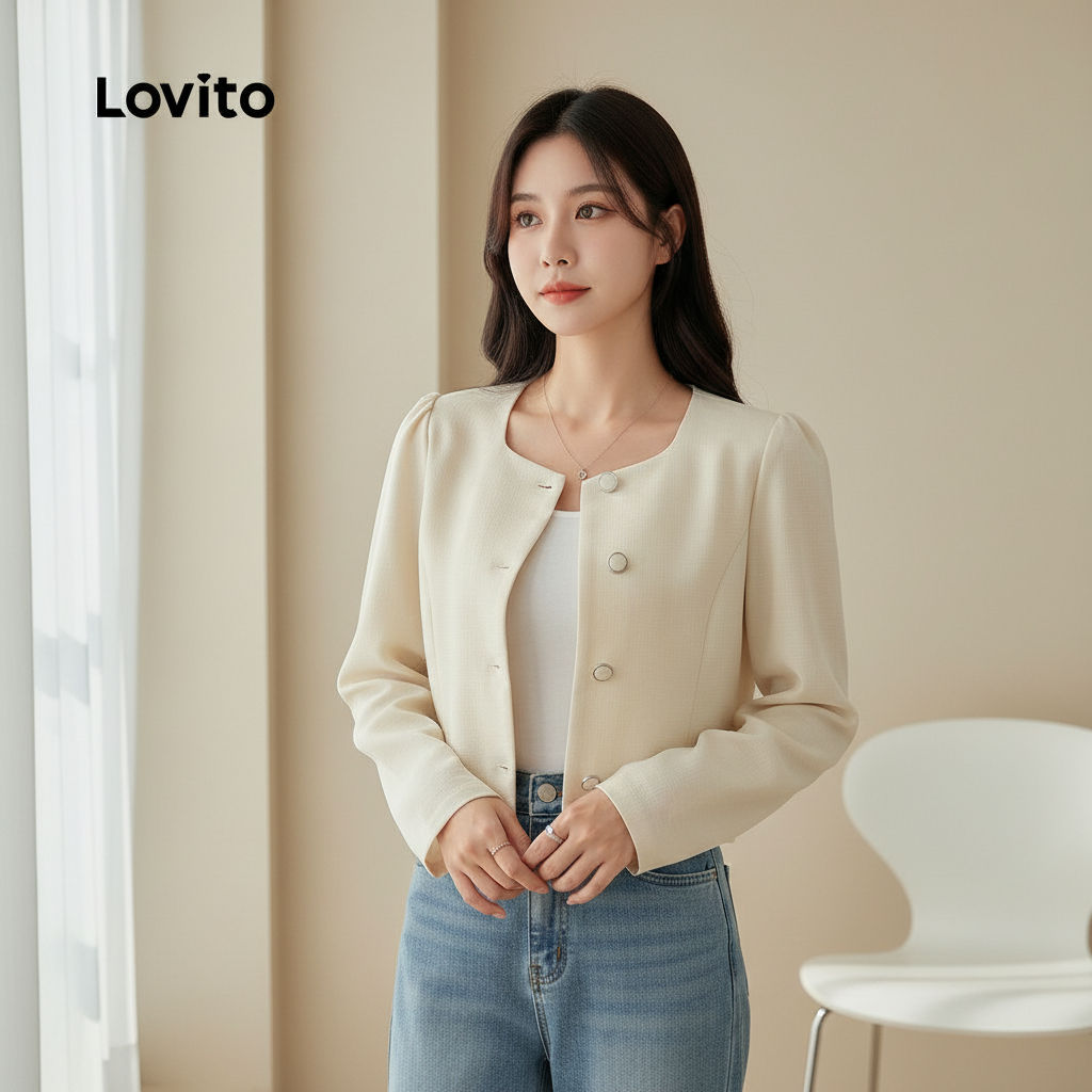 Lovito Casaco Feminino de Outono Inverno com Botões e Modelagem Estruturada em Off White L166AD413 em Oferta na Shopee
