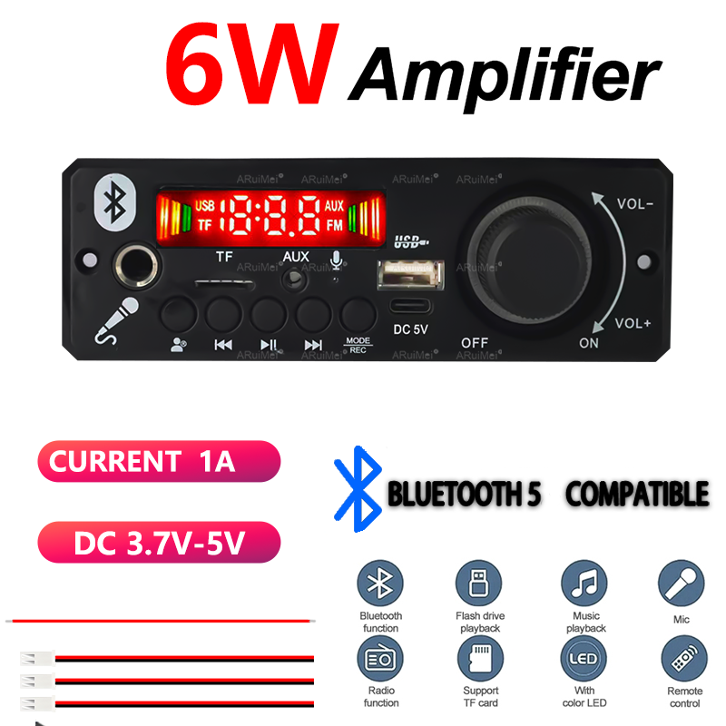 Placa amplificadora Bluetooth 5.0 Mini 2x3W DC 3.7V-5V com controle remoto para sistema de som DIY