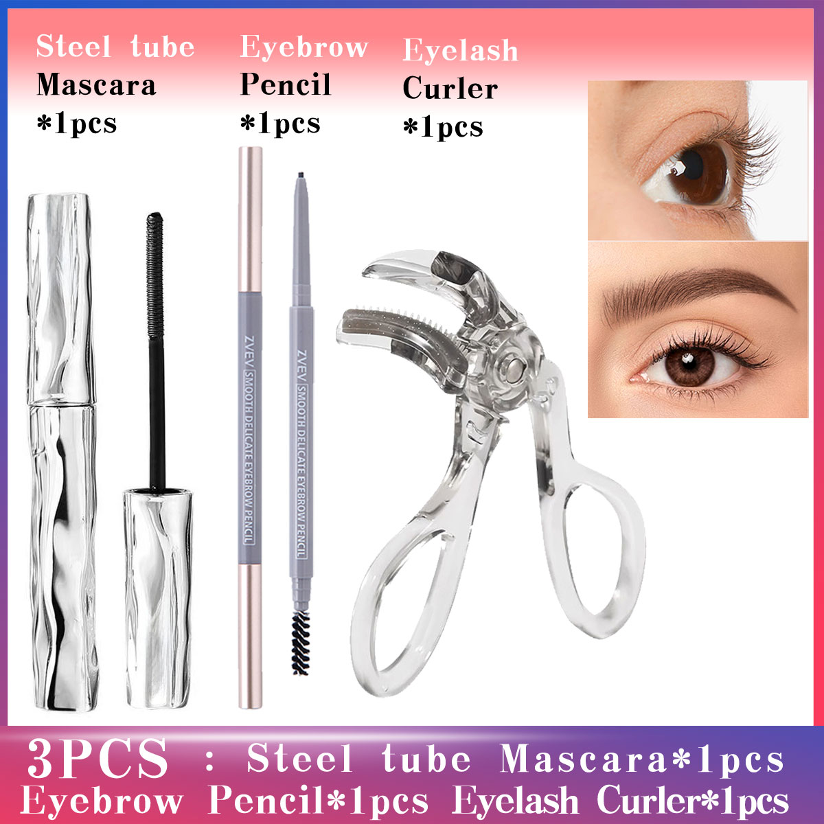 Conjunto de Maquiagem para Olhos à Prova d’Água: Rímel, Lápis para Sobrancelhas, Curvador de Cílios, Longa Duração e